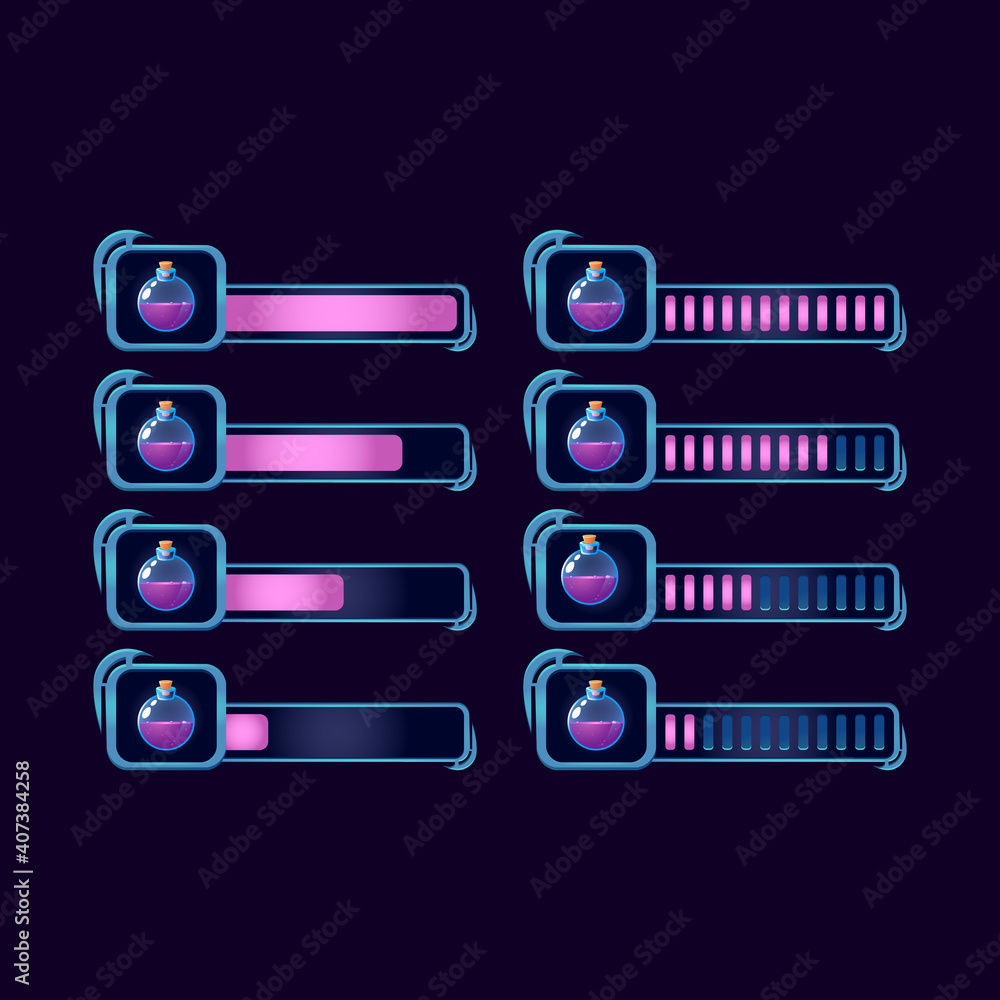 Poster set of gui fantasy rpg potion magic bottle progress bar for game ui asset elements vector illustrati