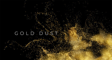 Gold sequins glitter dust isolated on black background. Vector illustration