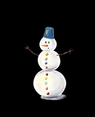 Isolated on a black background drawing of a cute cheerful snowman in a bucket hat and multi-colored buttons.
