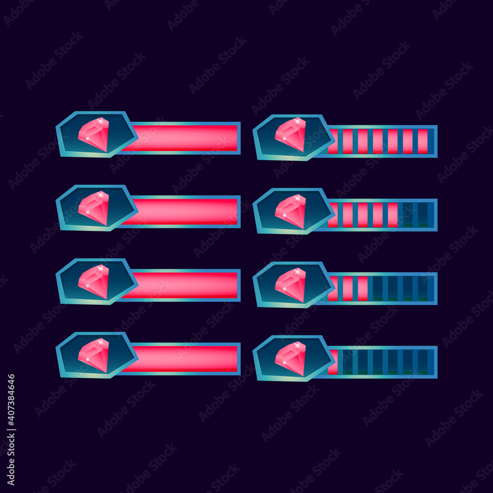 Aufkleber set of gui fantasy glossy gems diamond progress bar for game ui asset elements vector illustration