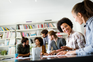 Successful company with happy workers. Business, meeting, office concept