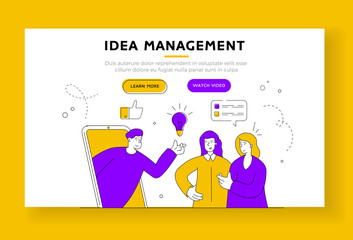 Creative teamwork online communication. Website banner. Flat line vector illustration
