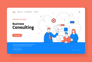 Manager showing graph for customers. Flat line vector illustration