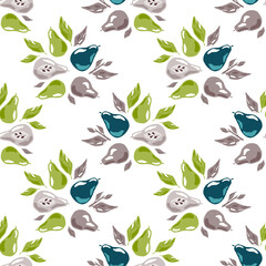 Isolated seamless botanic pattern with navy blue and light purple pear shapes and green leaves. White background.