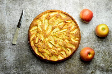 On a stone base and zenith view, homemade apple pie, freshly baked.