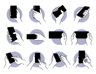 Hand holding and using smart phone with black blank screen icon set. Vector illustrations of hand carrying phone, finger gesture tapping on screen, and using pen tool to write and pinpoint.