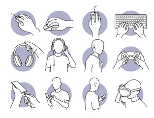 Hand using computer mouse, keyboard, gamepad, game controller, and holding a headphone. Man listening to earphone, using smart phone, charging phone battery, and wearing VR or virtual reality headset. © leremy
