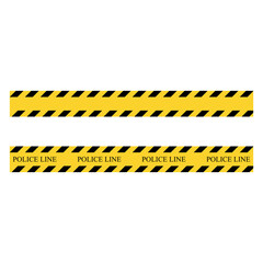 Police line stripe. Yellow and black set stripes. Barricade construction tape. Vector illustration isolated on white background