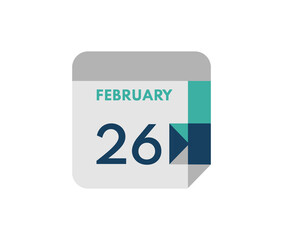 February 26 flat daily calendar date, 26 February Single Day Calendar  Icon