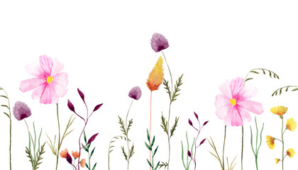 Panele Szklane  Bezszwowe panoramiczny poziomy kwiatowy wzór. Z ilustracjami kwiatów i liści.