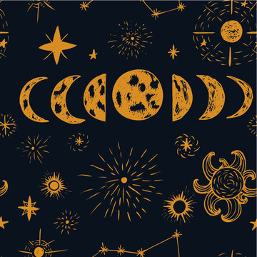 Doodle planets and stars. Seamless pattern.