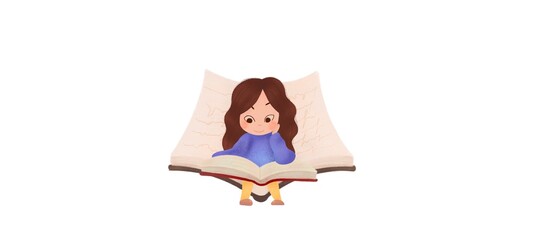 Cute girl sitting on a book. A child with a book in his hands. Bitmap illustration.