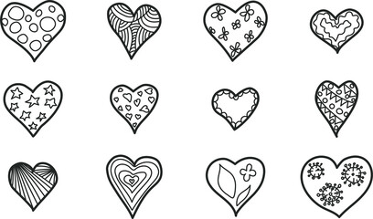 Cosy hearts hand drawn set. Outlines with decorations. Black and white. Vector illustration.