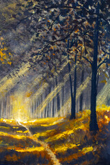 Sonnenlichtstraße im sonnigen Waldpark des Frühlingssommers. Ölgemälde Landschaft. Kunst. © weris7554