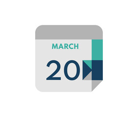 March 20 flat daily calendar date, 20 March Single Day Calendar  Icon