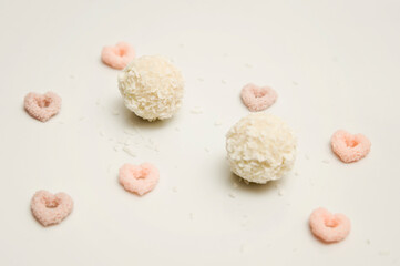 Fototapeta premium Heart shape breakfast cereals. Hand made Natural soy wax decoration. Valentine's Day theme. True love symbolism. Creative idea. Warm greetings.