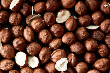 Close up of Hazelnut kernels - Food Frame Background, macro detailed close up.