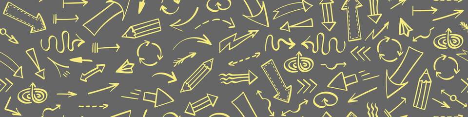 Seamless horizontal border with yellow hand drawn arrows on gray background. Vector illustration.