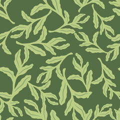 Random seamless pattern with light green leaf branches silhouettes. Green background. Foliage print,