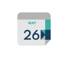 May 26 flat daily calendar date, 26 May Single Day Calendar  Icon