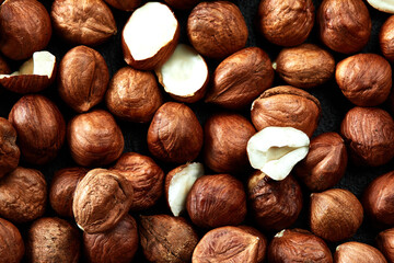 Close up of Hazelnut kernels - Food Frame Background, macro detailed close up.