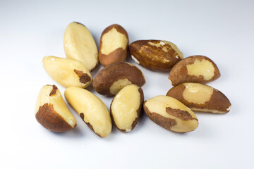 Brazil nuts on white background. Close up photo.