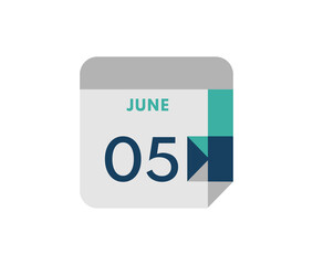 June 5 flat daily calendar date, 5 June Single Day Calendar  Icon