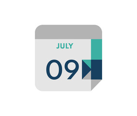 July 9 flat daily calendar date, 9 July Single Day Calendar  Icon 