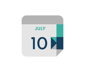 July 10 flat daily calendar date, 10 July Single Day Calendar  Icon 