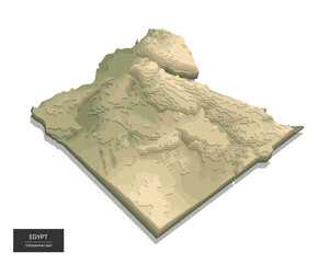 Egypt map - 3D digital high-altitude topographic map. 3D vector illustration. Colored relief, rugged terrain. Cartography and topology.