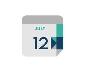 July 12 flat daily calendar date, 12 July Single Day Calendar  Icon 