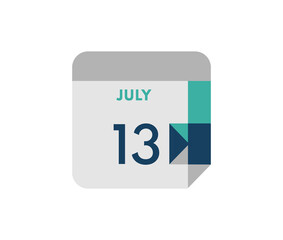 July 13 flat daily calendar date, 13 July Single Day Calendar  Icon 