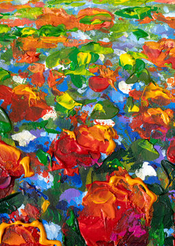 Close-up blue, yellow flower, red Poppies, roses, tulips flowers. Macro impasto painting. Original handmade abstract oil painting bright flowers made palette knife. © weris7554