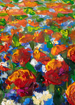Wildflowers - Original oil painting of red blue flowers in green grass,beautiful field flowers on canvas. Modern Impressionism.Impasto artwork. art © weris7554
