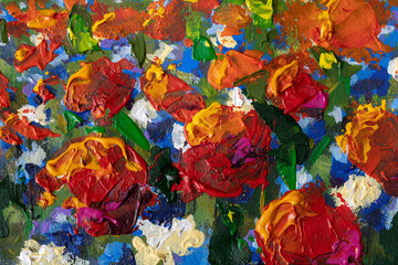 Fototapeta na wymiar Flower oil painting red poppies on canvas. Modern Impressionism artwork.