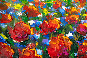 Fototapeta na wymiar Painting Glade of red large poppies flowers in green grass close-up. Floral Landscape Red Poppies - Oil Painting and Palette Knife illustration artwork flower background.