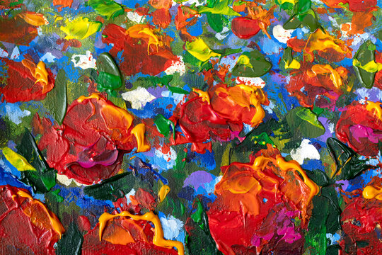 Painting Glade of red large poppies flowers in green grass close-up. Floral Landscape Red Poppies - Oil Painting and Palette Knife illustration artwork flower background. © weris7554