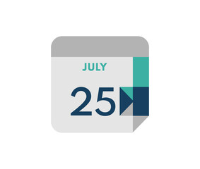 July 25 flat daily calendar date, 25 July Single Day Calendar  Icon 