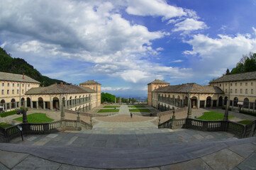Sacred Mount of Oropa, Special Nature Reserve. The entrance to the Sanctuary on the Biellese alps proclaimed a World Heritage Site.Piedmont, Italy