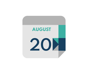 August 20 flat daily calendar date, 20 August Single Day Calendar  Icon