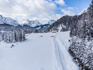 Mountain in the snow. Sappada, Geometries and panoramas from above.