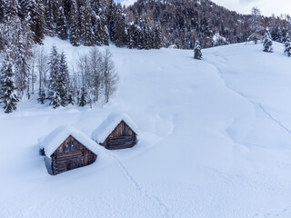 Mountain in the snow. Sappada, Geometries and panoramas from above.