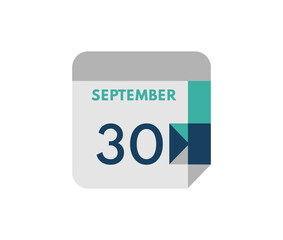 September 30 flat daily calendar date, 30 September Single Day Calendar  Icon