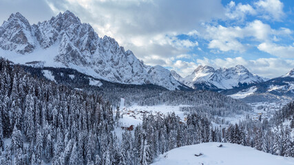 Mountain in the snow. Sappada, Geometries and panoramas from above.