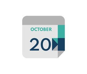 October 20 flat daily calendar date, 20 October Single Day Calendar  Icon