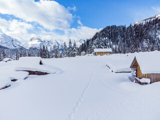Mountain in the snow. Sappada, Geometries and panoramas from above.