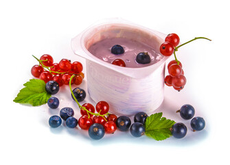 yogurt and currant berries on a white background