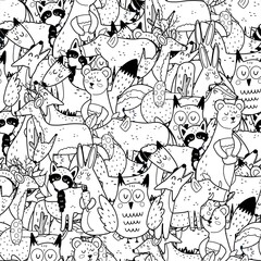 Cute forest animals black and white seamless pattern. Doodle coloring page with woodland characters. Vector illustration