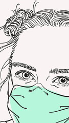Portrait of teenage girl in medical face mask, Vector sketch hand drawn illustration close up face vertical banner