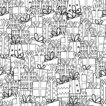 Cute gifts seamless pattern. Doodle presents coloring page. Black and white festive print for coloring book. Hand drawn outline background. Vector illustration